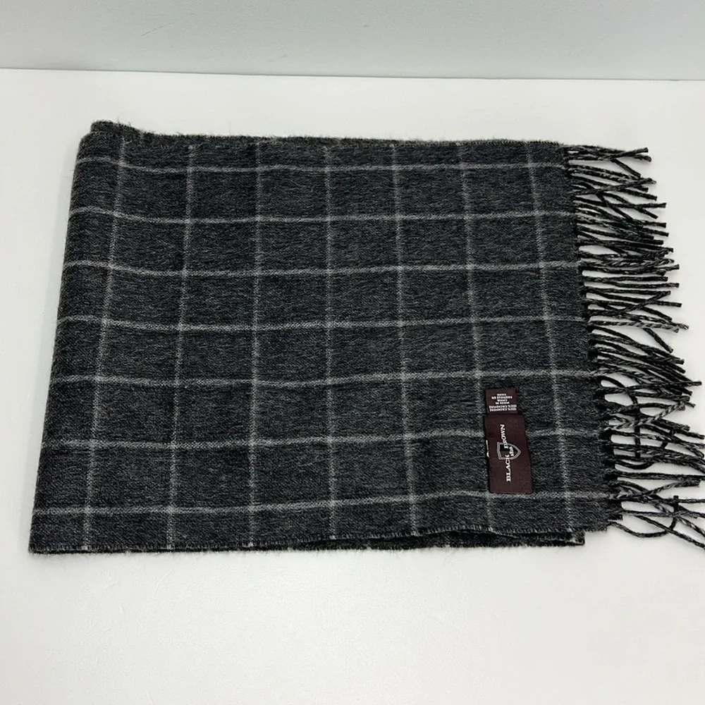 Black Brown 100% Cashmere Scarf Gray Windowpane Mens Quiet Luxury Preppy Prep